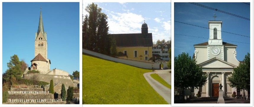 Die Kirche Sogn Gion in Domat/Ems (GR), das Kloster Wonnenstein in Niederteufen (AI) und die Pfarrkirche Heiligkreuz in Carouge (GE) profitieren von der Epiphaniekollekte 2019. (Fotos: zVg)