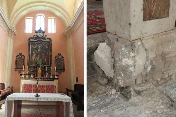 Der Hauptaltar der Kirche SS. Fabiano e Sebastiano in Prato Vallemaggia und die beschädigte Chorballustrade. (Fotos: zVg)